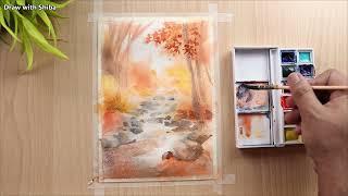 Flowing Stream on the Forest Rocks / Watercolor Painting for Beginners
