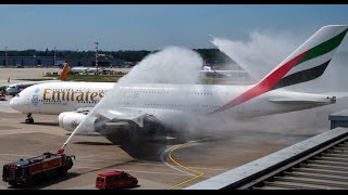 Erste Emirates A380 Landung Flughafen Düsseldorf - mit Water Cannon Salute Begrüßung