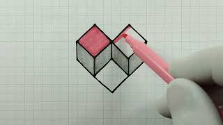 Kareli Deftere Çok Kolay 3 Boyutlu Kalp Çizimi - Easy 3D Heart Drawing On A Square Notebook - Kalp