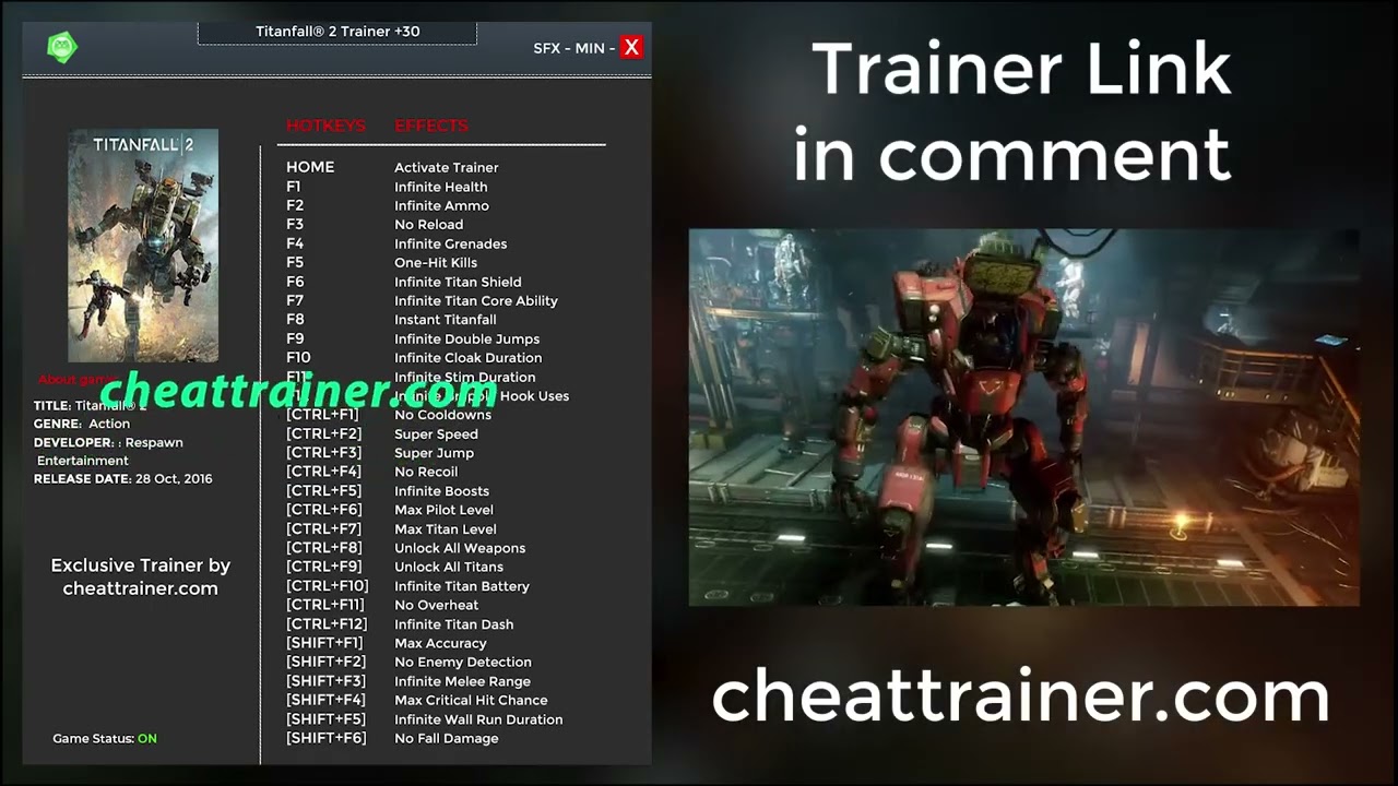 Titanfall 2 Trainer Cheats +30 - Infinite Health, Infinite Ammo, No Reload