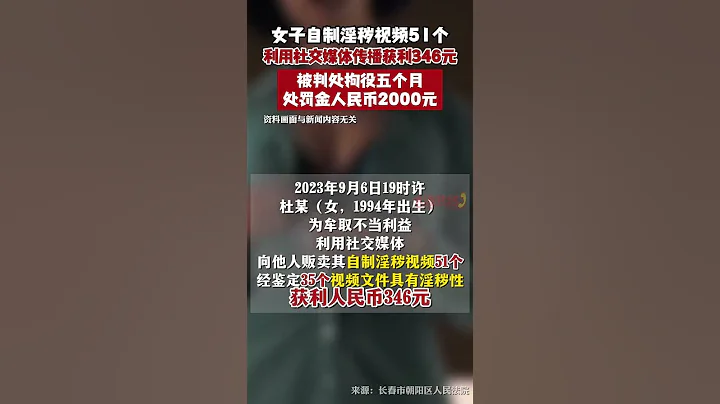 女子自製淫穢視頻51個 利用社交媒體傳播獲利346元 被判處拘役五個月 處罰金人民幣2000元 - 天天要聞