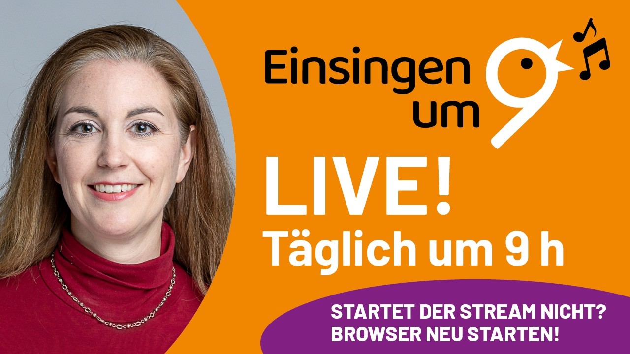 Singt mit uns zusammen ein! https://www.einsingen-um-9.ch

Täglich - 365 Tage im Jahr - senden wir um 9 Uhr morgens live ein frisches Einsingen angeleitet von einem Gesangsprofi: Barbara Böhi, Julia Schiwowa, Sarah Widmer, Richard Helm oder Benjamin Berweger.
Mach stimmliche Fortschritte dank Körperübungen, Atemübungen und Stimmübungen!
Jede Woche gibt es ein neues Wochenthema – so wird immer wieder eine andere Thematik der Stimmarbeit vertieft.

Ihr könnt uns auf drei Arten unterstützen: 
1. Ihr macht mit
2. Ihr ermuntert weitere Menschen, mitzumachen
3. Ihr unterstützt das 'Einsingen um 9' finanziell

Unser Schweizer Konto CHF:
Barbara Böhi
Eugen-Huber-Strasse 18
8048 Zürich
IBAN CH42 0900 0000 1545 8208 2
BIC: POFICHBEXXX
Clearing Nr.: 9000 
PC-Konto: 15-458208-2

Unser Konto in Deutschland €:
Barbara Böhi
Eugen-Huber-Strasse 18
8048 Zürich
Sparkasse Hochrhein
Bismarckstrasse 7
79761 Waldshut-Thiengen
IBAN: DE52 6845 2290 1001 1929 86
BIC: SKHRDE6WXXX

via paypal: info@einsingen-um-9.ch
via Twint: 077 499 41 48

Einzahlungsschein: Sende uns Deine Anschrift per Mail an info@einsingen-um-9.ch, oder per Post an Barbara Böhi, Eugen Huber-Str. 18, 8048 Zürich. Dann senden wir Dir gerne einen Einzahlungsschein zu.

Wir danken jetzt schon herzlich für jeden Beitrag!
Julia und Barbara

#StimmMaske #Gesang #Singen #Einsingen #Chorsingen #Sopran #Alt #Tenor #Bariton #Bass #Stimmübungen #Chorsingen #Chor #Aufwärmen #Gesangsübungen #Einsingübungen #Fitimchor #Einsingenum9 #Singenum9 #Morgen #Singen #JuliaSchiwowa #BarbaraBöhi #benjaminberweger #sarahwidmer #richardhelm #Gesangsunterricht #onlinesingen #Glissando #Hohetöne #Zwerchfell #Atmung #Atemübungen #Jodelnlernen #Singenlernen #Voice #Warmupvoice #Singstunde #Kehlkopf
#Stimmbänder #Passaggio #Bruststimme #Kopfstimme #Atemtechnik #Hochsingen #stimmtechnik