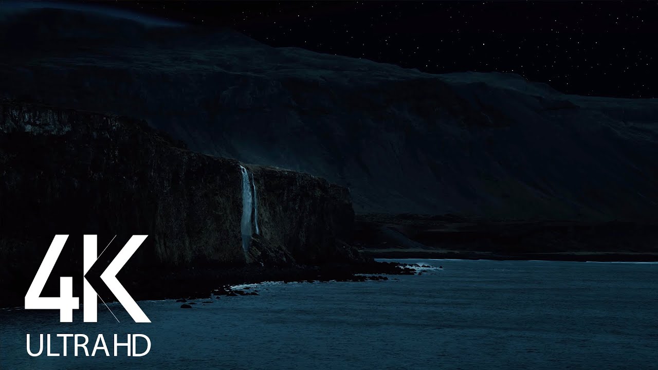 Waterfall and Ocean Waves Sounds for Sleep - 4K Icelandic Coastline - 8 HOURS Dark Version - Part  5