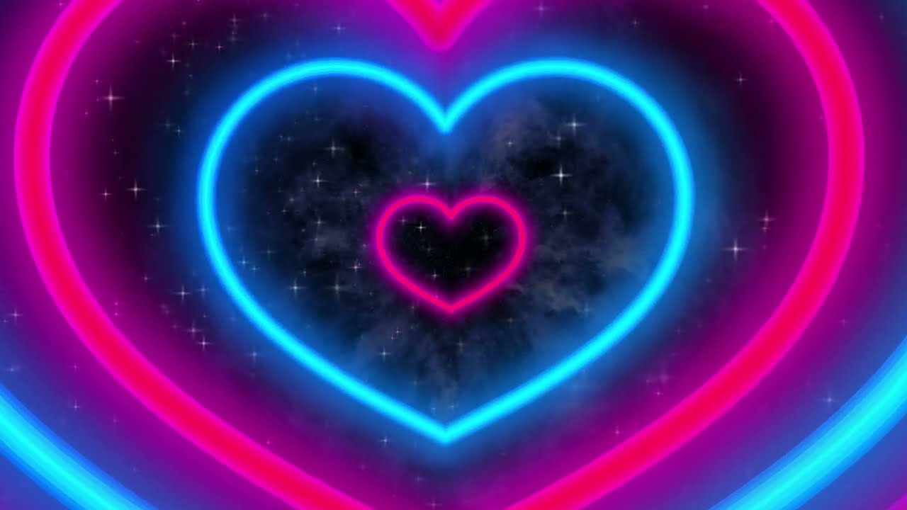 Neon Lights Blue Pink Love Heart Loop Tunnel Background 1 HOUR Moving