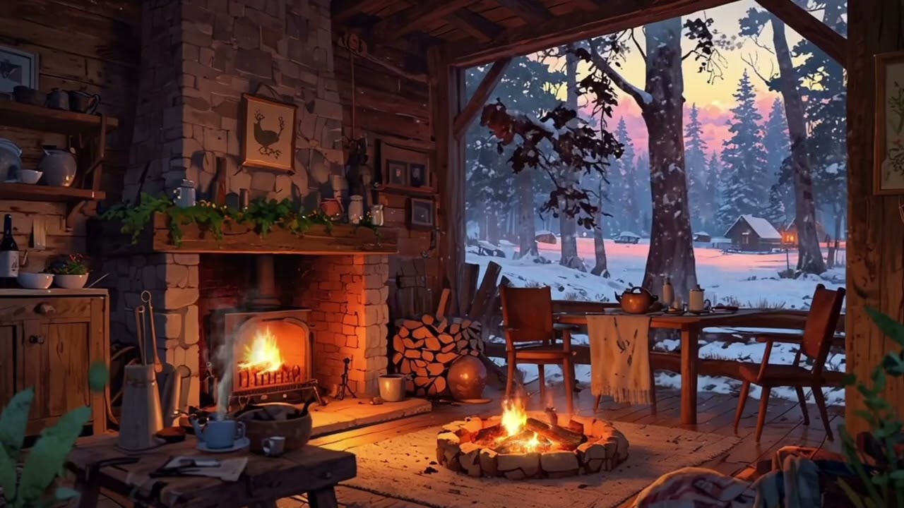 Cozy Winter Cabin Ambience ❄️ Fireplace Crackling & Snow Falling | Relax, Study, Sleep
