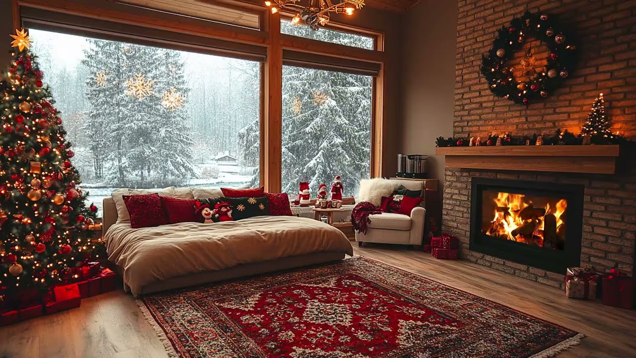 Serene Winter Atmosphere: Gentle Snow Drifts Cozy Fire Crackles and a Whispering Snowstorm Outside