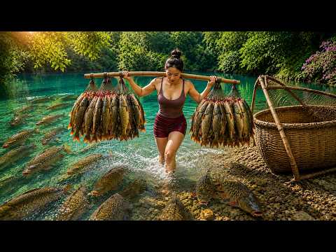 Primitive Survival Skills - Fearless Girl Drains a Secret Lagoon for a Mind-Blowing Catch!