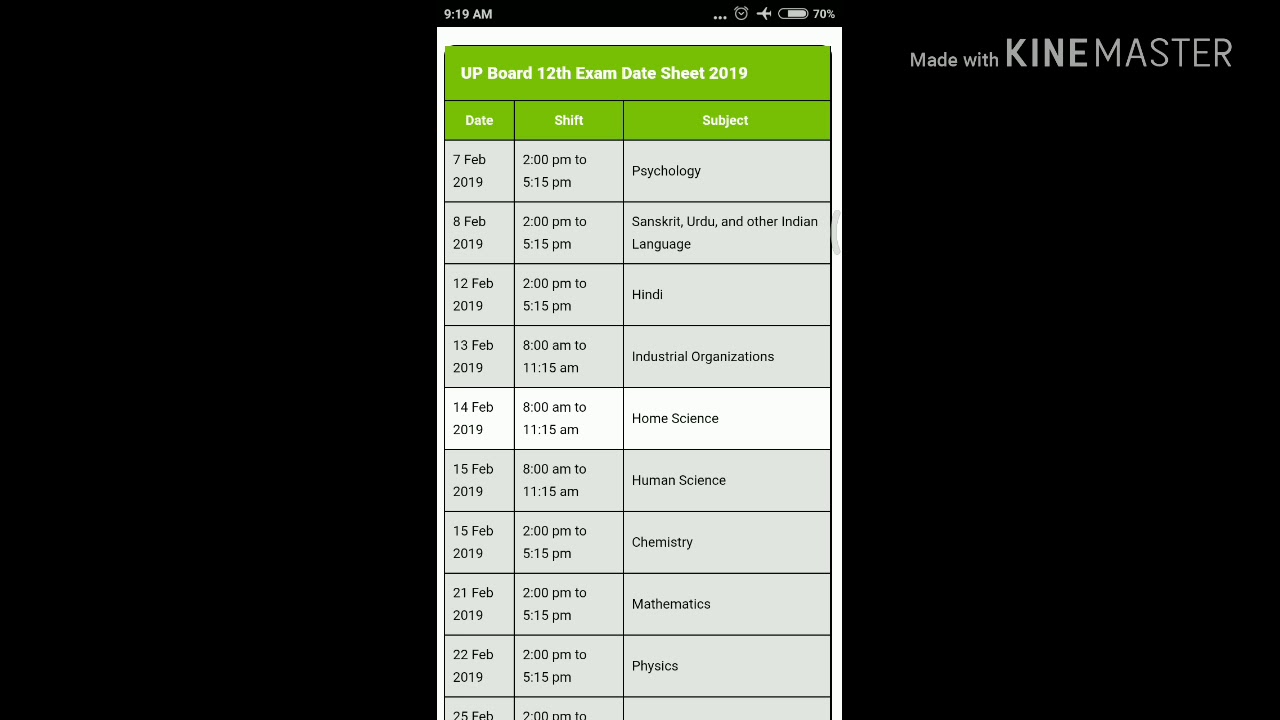 U.P. BOARD 2019  CLASS 12th DATE SHEET / SCHEME