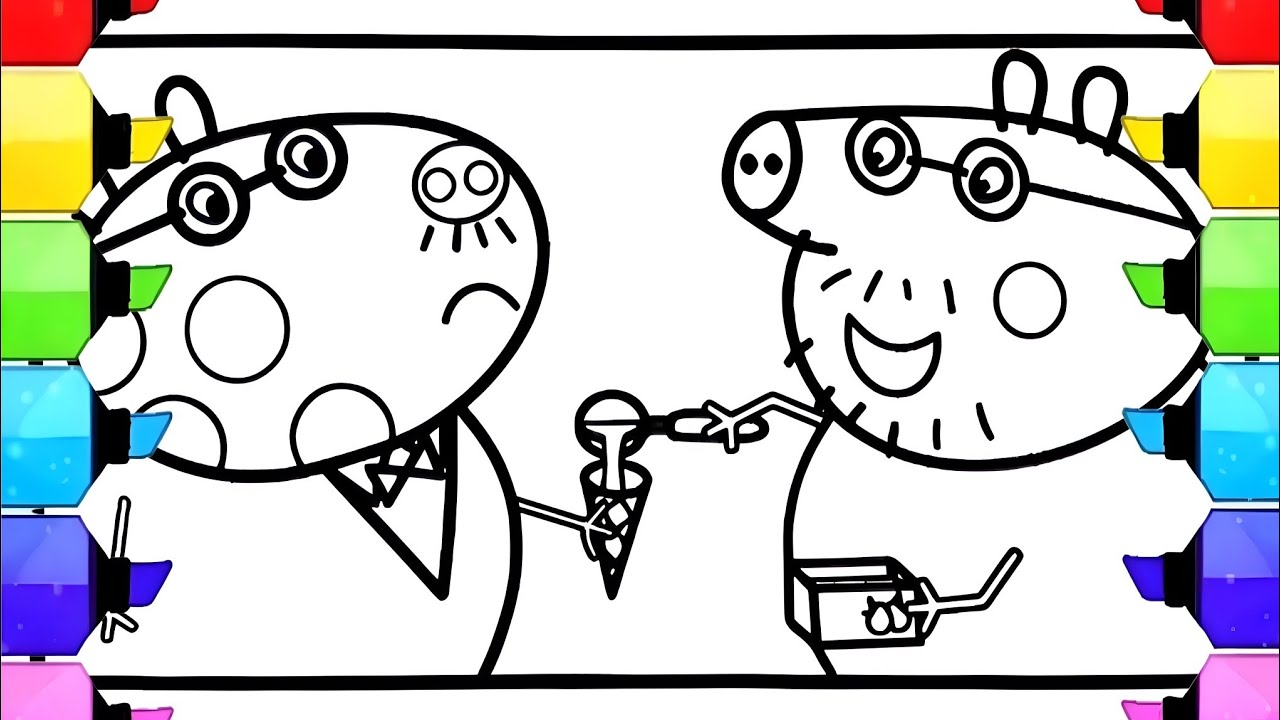 Daddy Pig with his friend Drawing Easy, how to Coloring Daddy Pig, Peppa Pig Drawing and Coloring 