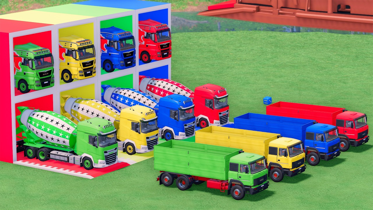 Trucks With COLORS - DAF MIXER TRUCK and IVECO GRAIN TRUCK with MAN FLATBED TRAILER TRUCK