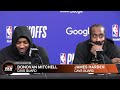 Donovan Mitchell and James Harden react to the Cavs 115-105 Game 2 win over the Raptors