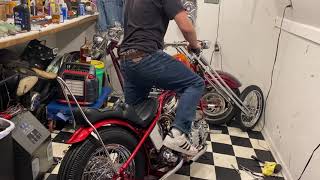Harley panhead first start up after rebuild, 1957 chopper, whishbone, rigid frame, kickstart