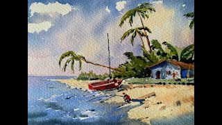 Paint a watercolour of a classic Caribbean beach. Step-by-step guidance throughout for the beginner.