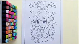 Coloring My Cozy Treats Coloring Book Chibi Girl with Boba Tea Coloring Page Touch Art Markers