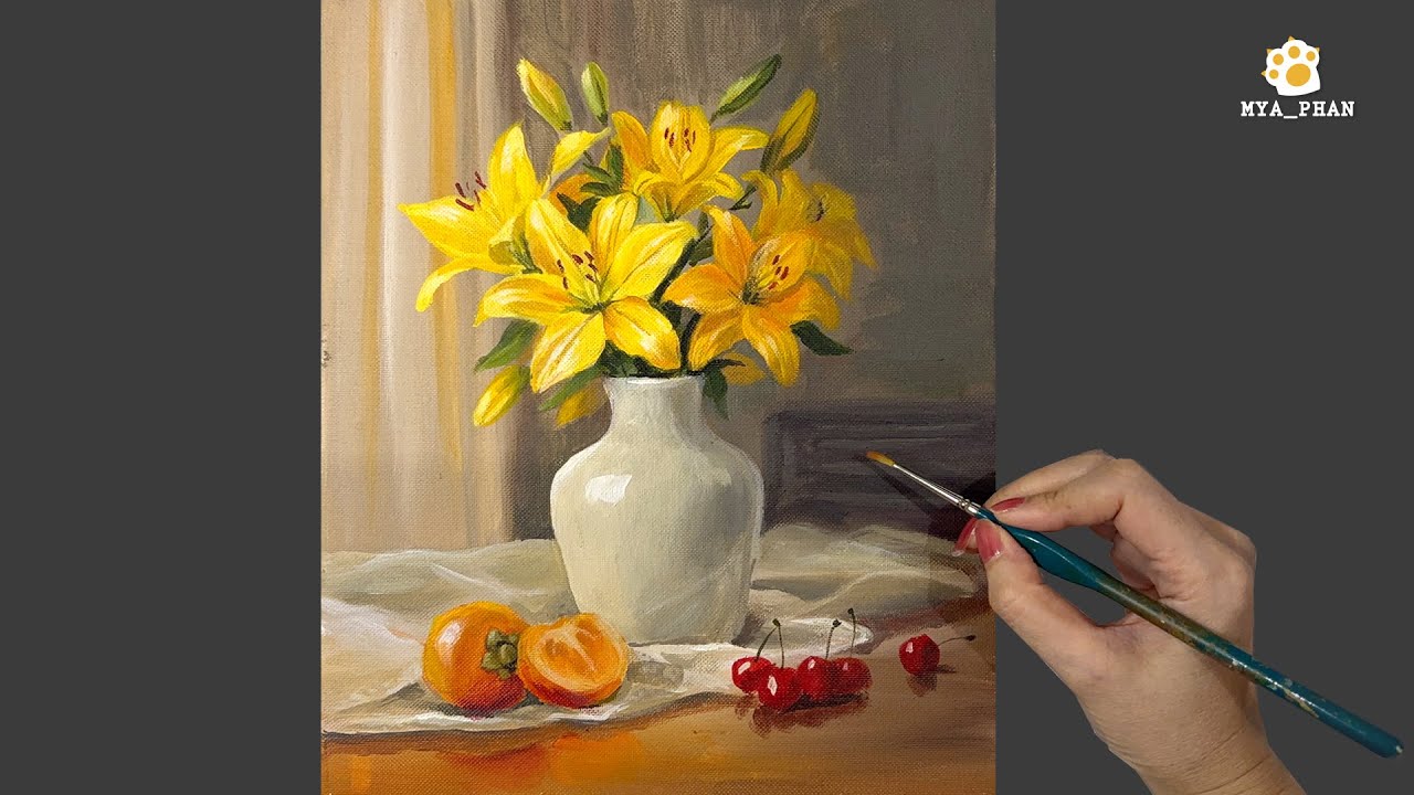 Beautifull Vase Lily Flowers Painting  /Step by Step/ Acrylic Painting 