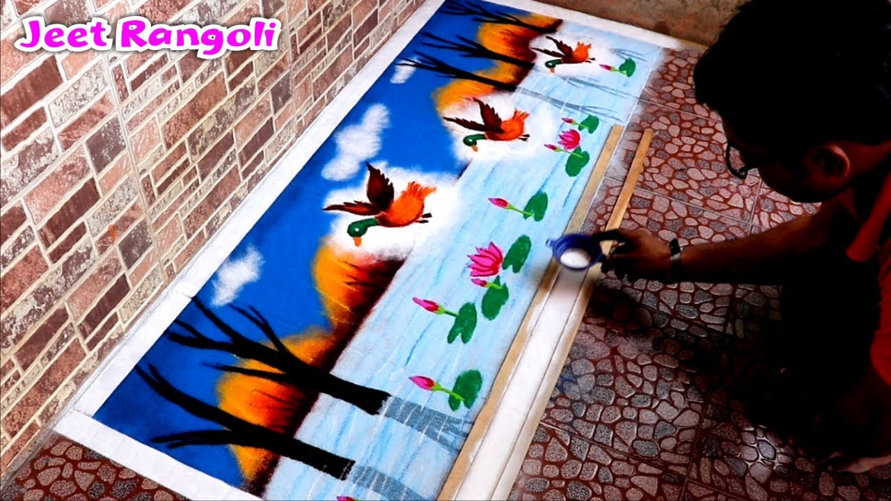 Big and Beautiful Scenery rangoli. Poster rangoli with ducks ...