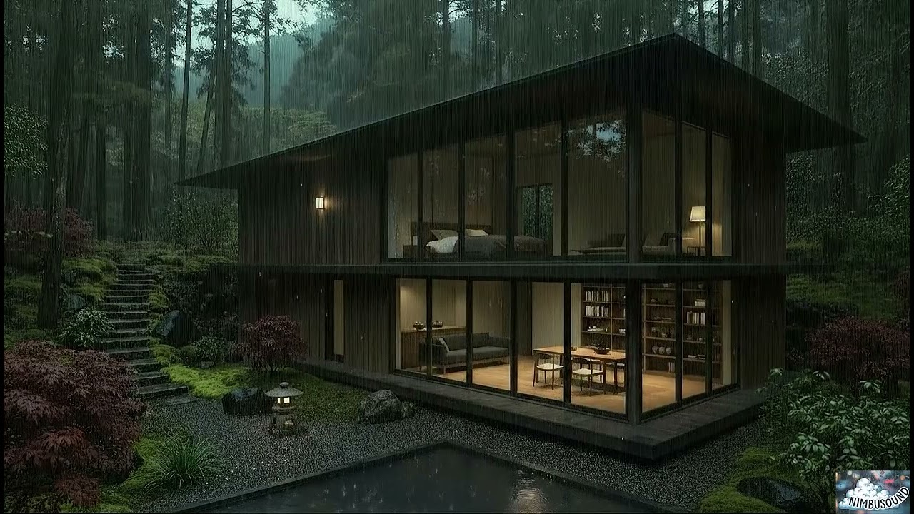 Two Story Modern Glass House in the Rain 🌧️ Deep Sleep Ambience