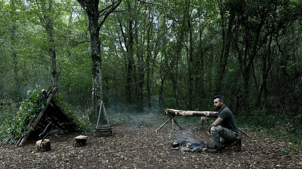 Building a BUSHCRAFT SHELTER, 2 Days SOLO CAMPING, Cooking Delicious ...