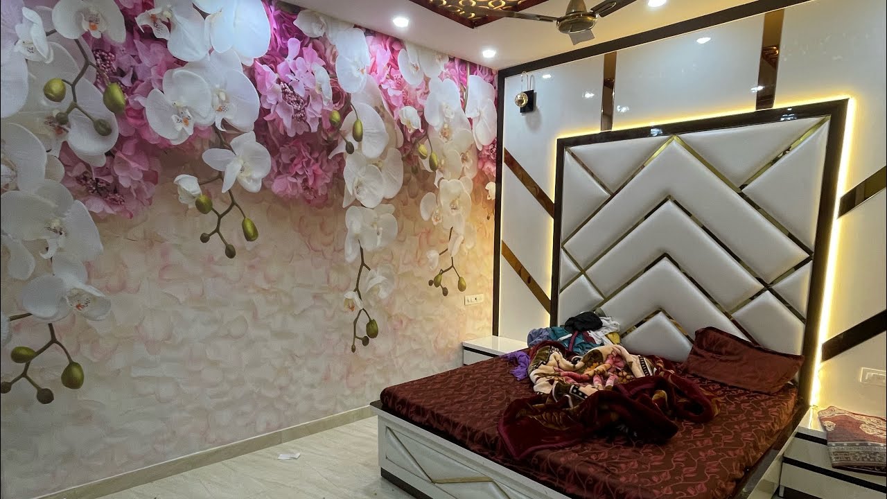 Bedroom interiors design , 3d wallpaper, LED panal design , ceiling ...