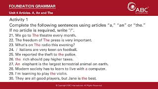 Foundation Grammar Unit 4, Activity 1: Articles, A, An and The