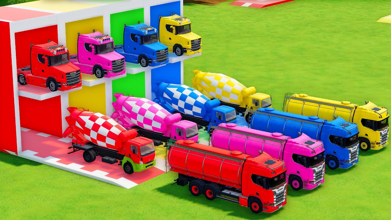 Garage with Colors - ALL MIXER TRUCK WITH DOUBLE FLATBED TRAILER TRUCK, SCANIA, AGRALE - FS22