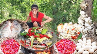 Adventure in forest: Catch red fish at Waterfall nature - Red fish soup for food of survival