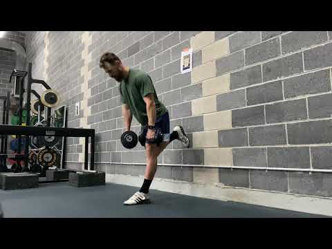 Hip hinge progression: Dumbbell single leg Romanian dead lift (RDL) - Rear foot elevated on wall