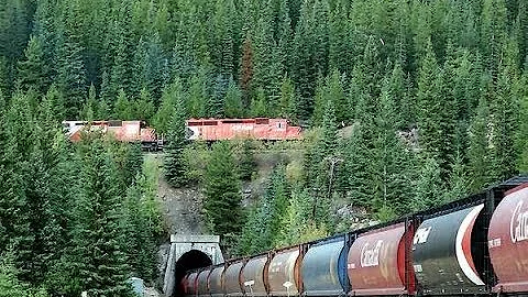 Spiral Tunnel Train Yoho British Colombia Canada DRONE AERIAL VIEW!!