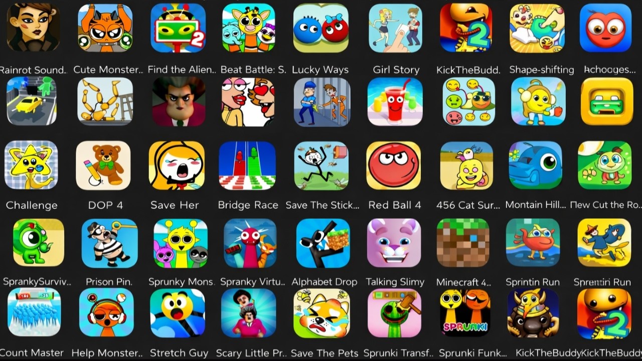 Roblox,Poppy Playtime 4, Grimace Monster Scary Survival,Fishdom,Help Me Tricky Puzzle,Thief Puzzle