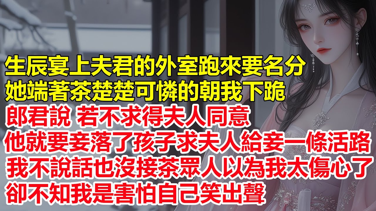 生辰宴上夫君的外室跑來要名分，她端著茶楚楚可憐的朝我下跪，郎君說若不求得夫人同意，他就要妾落了孩子，求夫人給妾一條活路，我不說話也沒接茶，眾人以為我是太傷心了，卻不知我是害怕自己笑出聲...