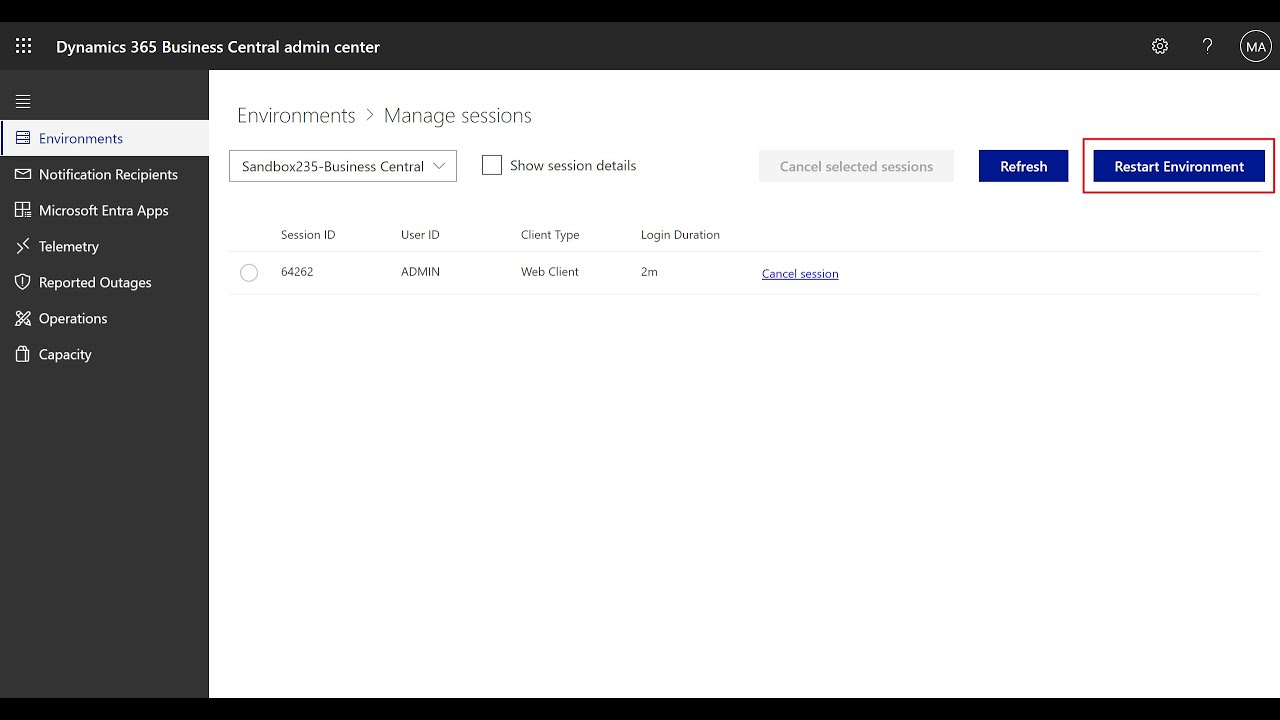 Business Central short video: Restart an environment - YouTube