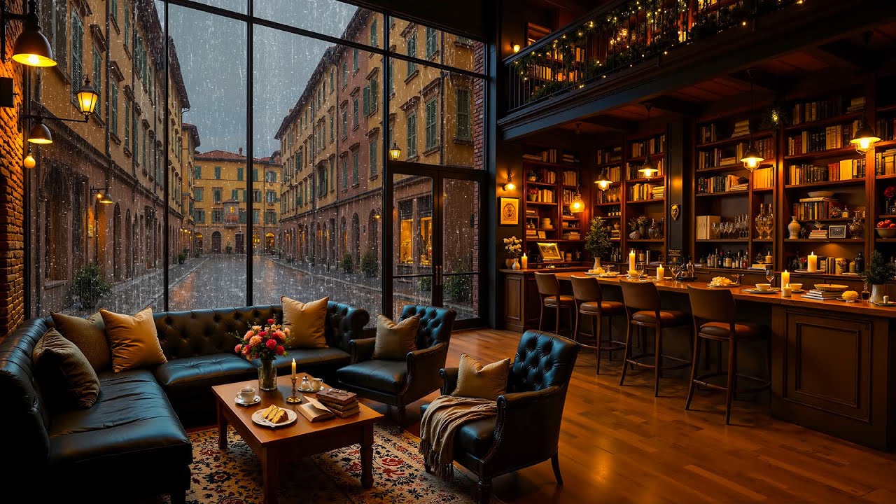 Italian Night Jazz in Rainy Coffee Shop Ambience ~ Relaxing Jazz Piano Music & Soothing Rain to Calm