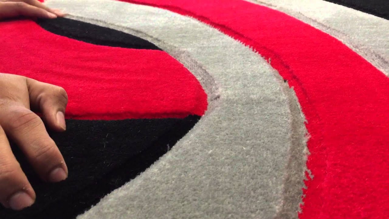 Luxurious All Black with Red and Grey Geometric Design Hand Carved by Rug Addiction