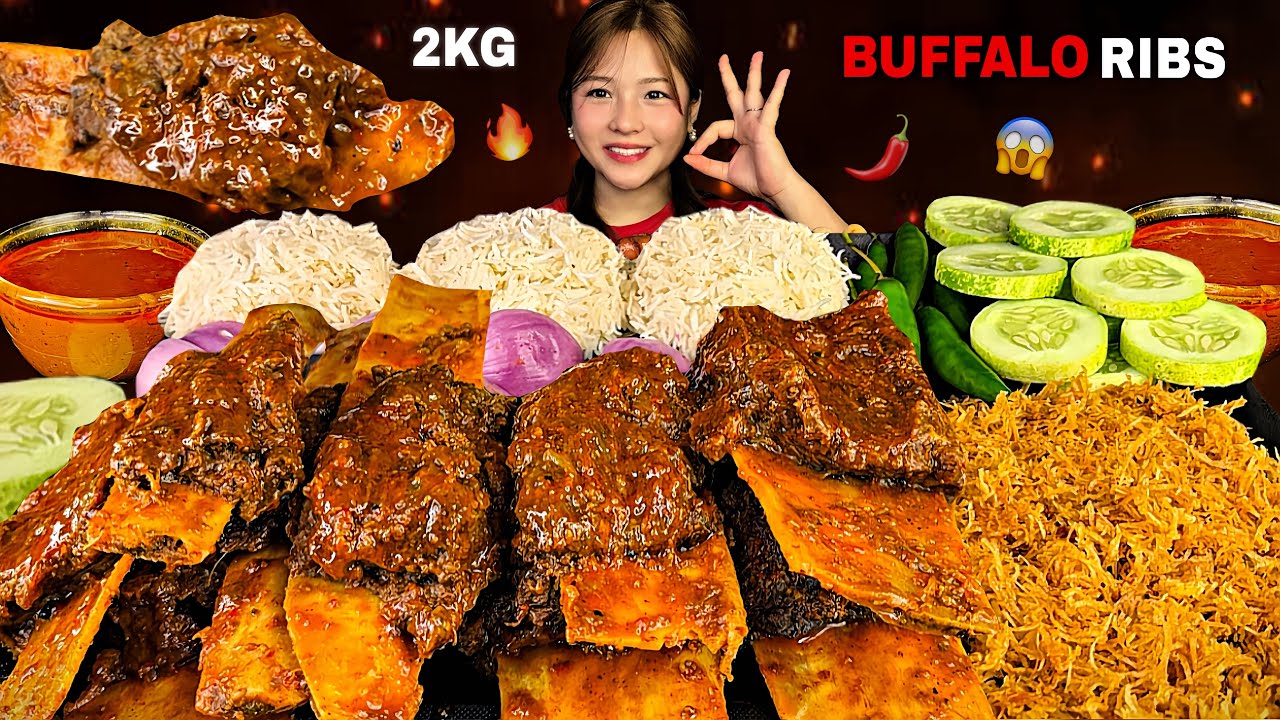 2KG SPICY BUFFALO RIBS MUKBANG🔥😱( KARANG KO HADDI ) WITH BASMATI RICE & CHILLIS🌶️| NEPALI MUKBANG |