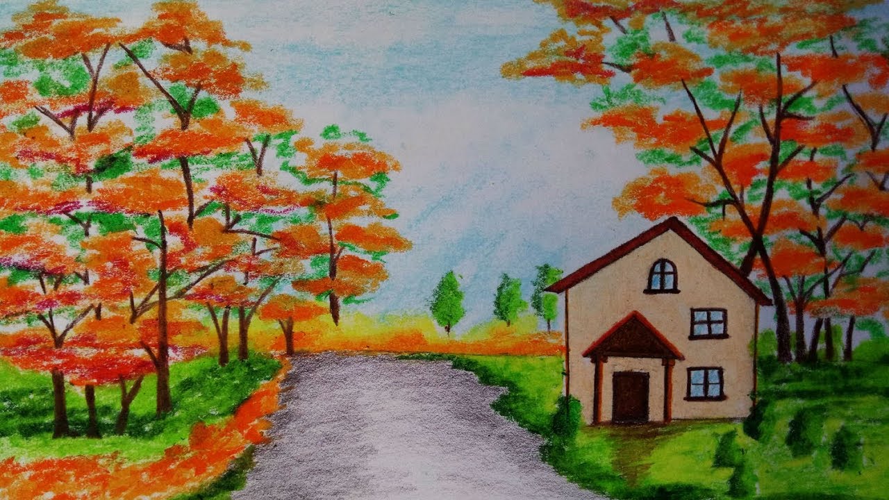 How to draw scenery of autumn season Step by step  watercolor colored  pencil tutorial drawing  This tutorial is Very easy I used STAEDTLER   Noris Club Watercolour pencil  DIAMOND