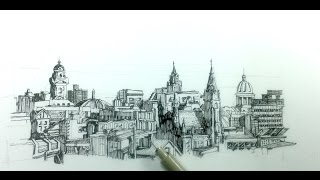 How to draw a panoramic city skyline or cityscape with buildings