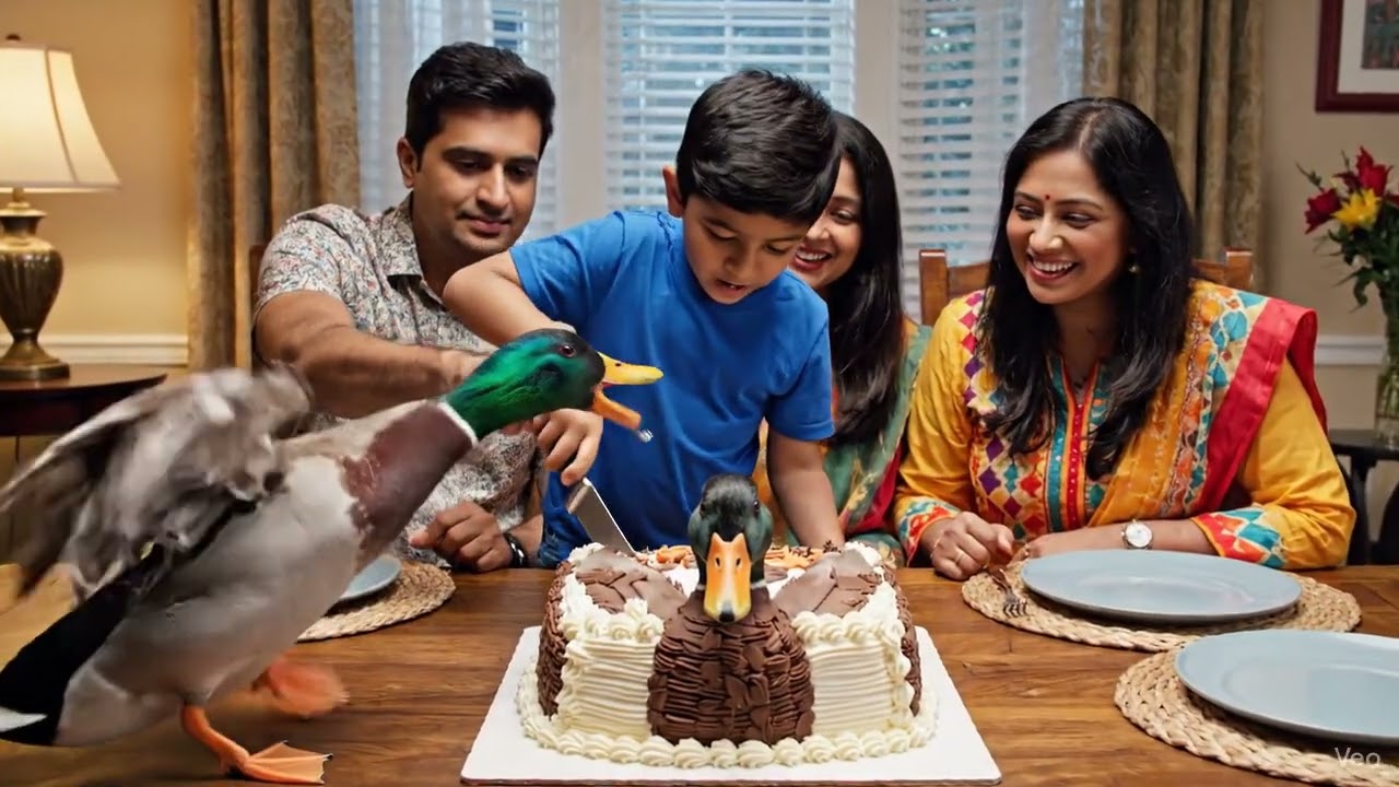 Маленький мальчик разрезает утиный торт, и настоящая утка громко кричит! 😂