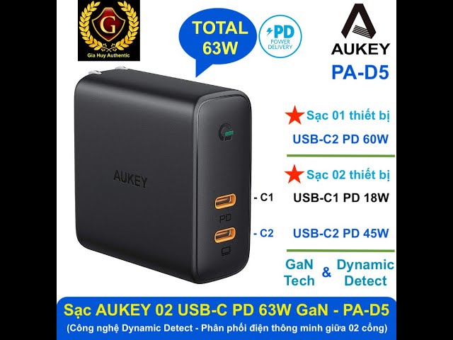 Sạc AUKEY 02 USB-C PD 63W GaN & Dynamic Detect - PA-D5