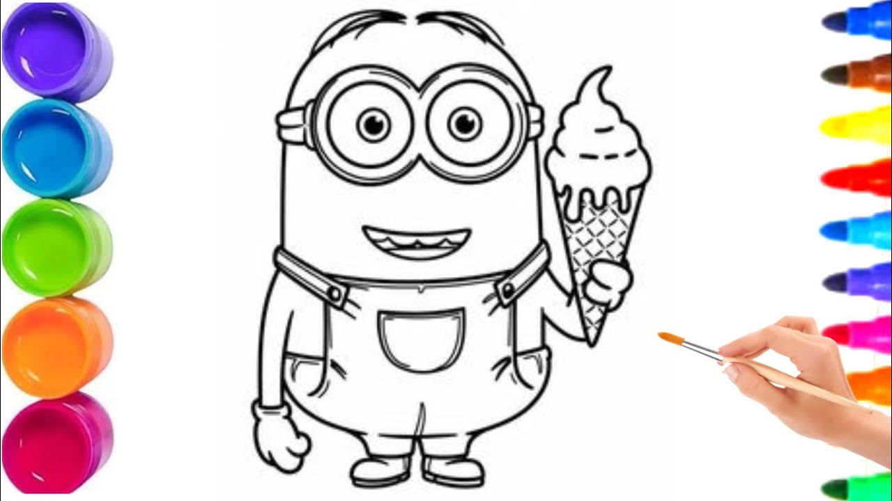 Cute minions eating yummy ice cream 🌈🍄 step by step drawing and painting for kids and toddler 🍓🍨
