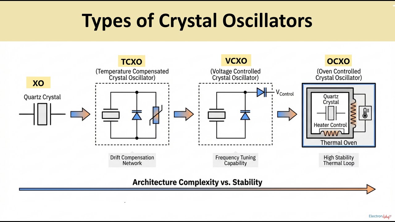 Types of Crystal Oscillators || TCXO, OCXO, VCXO Explained