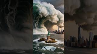 A tsunami hits the statue of liberity