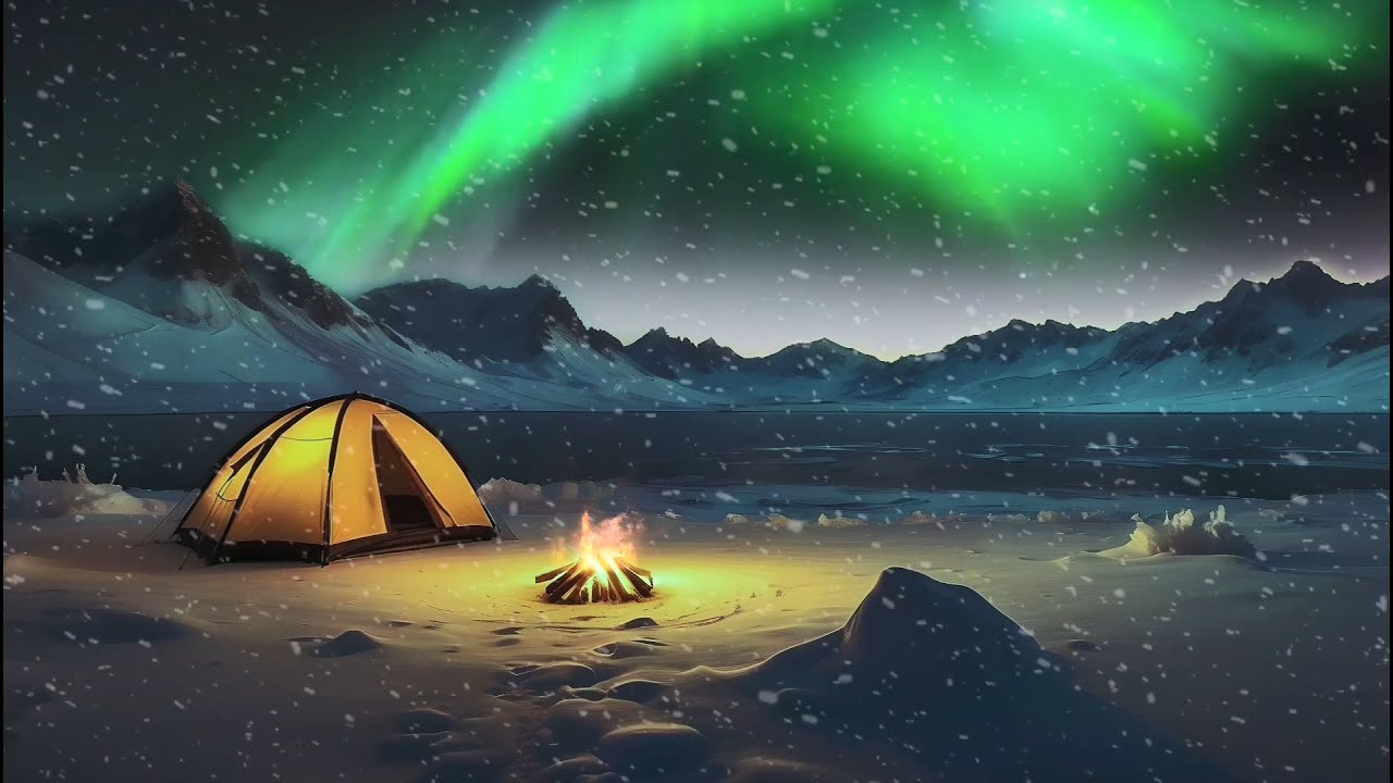The sounds of campfires burning, wind and snow in the Nordic ice fields are super relaxing【极光风雪】