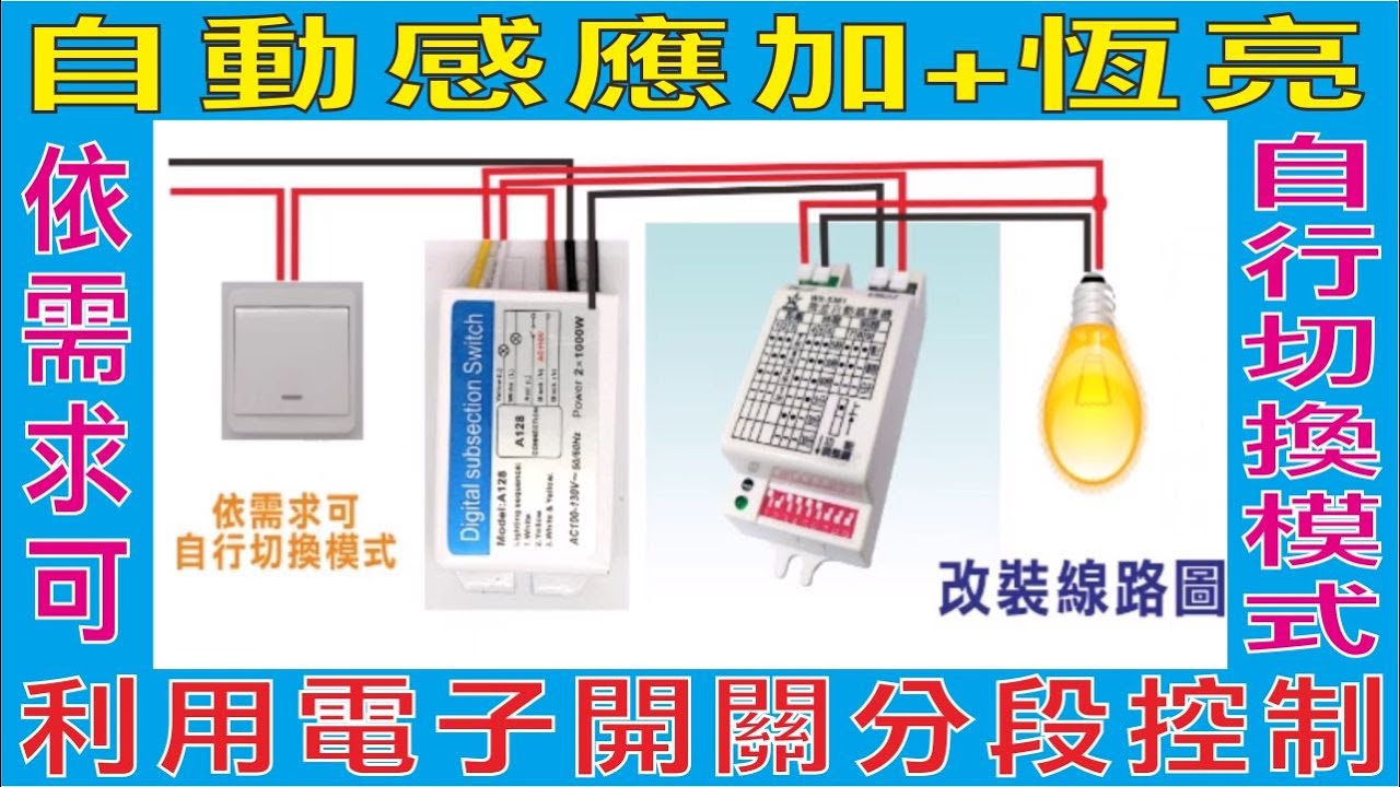 自動感應加+恆亮,自動開關電燈開開關關,利用電子開關分段控制,可改裝感應模式或恆亮,依需求可自行切換模式