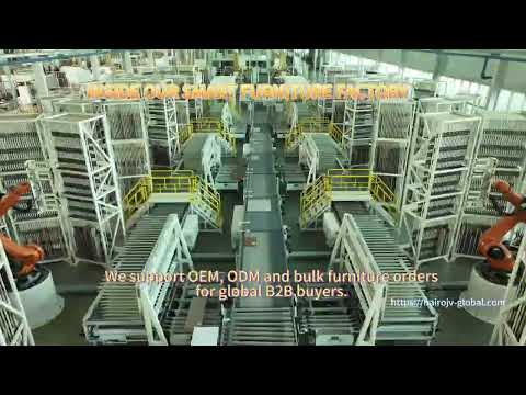 Automated furniture manufacturing production line with robotic workstations