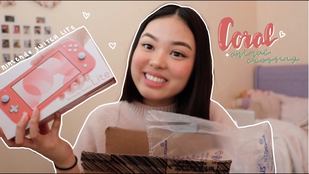 nintendo switch lite in CORAL unboxing 🍑 + animal crossing ♡