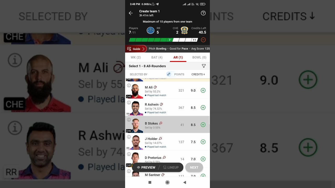 RR vs CHE Dream 11 prediction