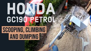 Honda GC190 wheelbarrow digging, climbing and descending heap, and dumping GoPro FPV