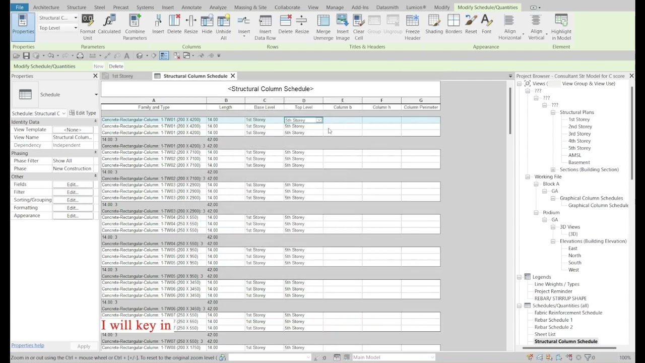 Create parameter and formula for column schedule in Revit