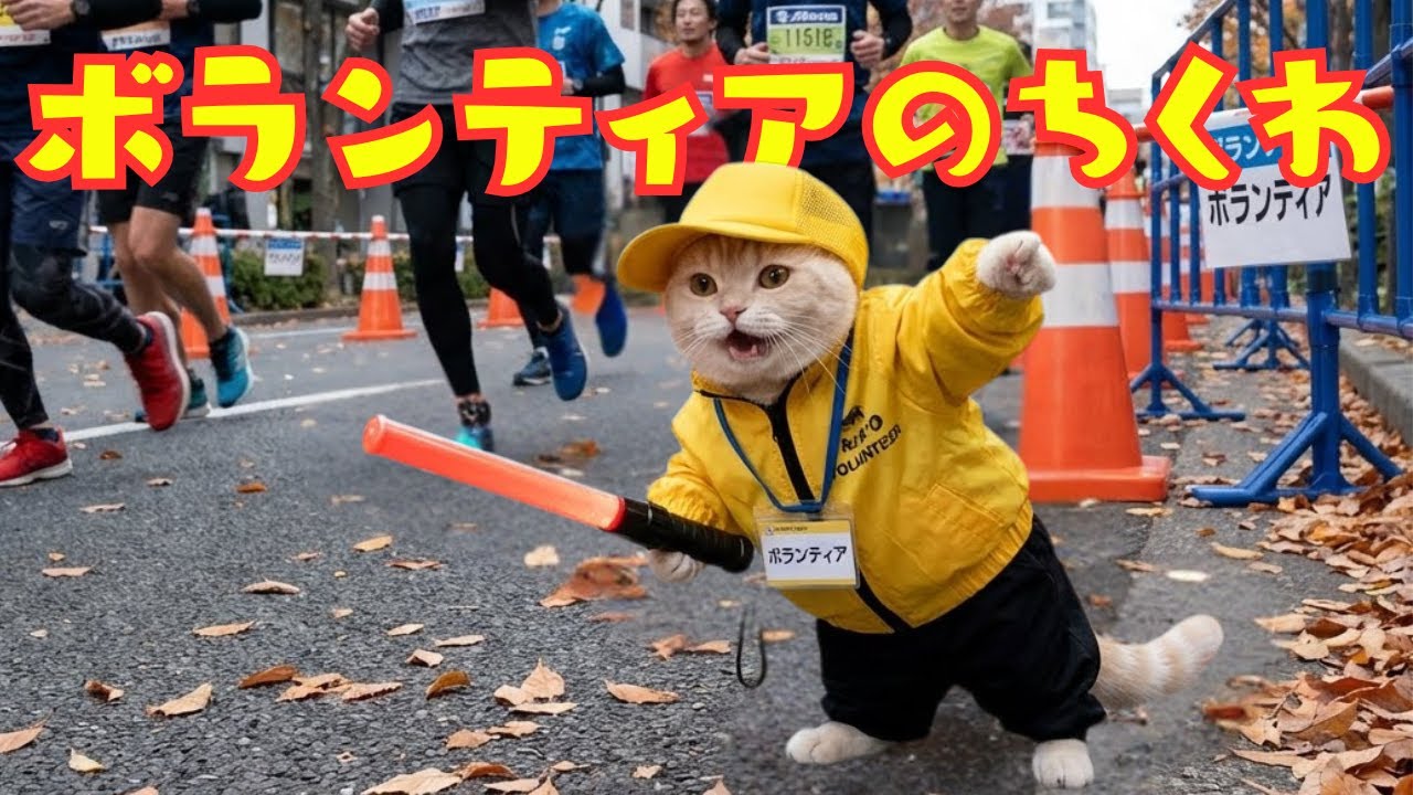 【世界一笑うAI猫ちくわ】マラソン大会ボランティア🏃‍♂️ 応援と笑顔で大忙しだよー！｜Chikuwa Volunteering at a Marathon