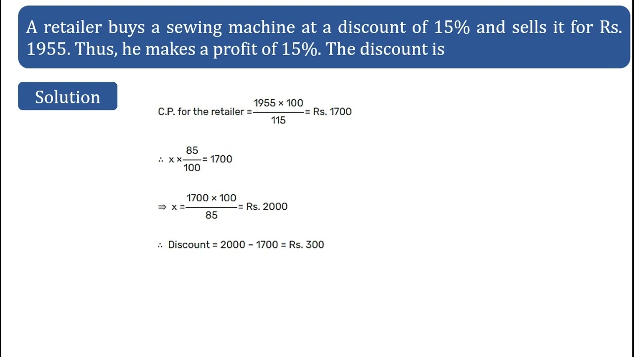 A retailer buys a sewing machine at a discount of 15% and sells it for Rs. 1955. Thus, he makes a
